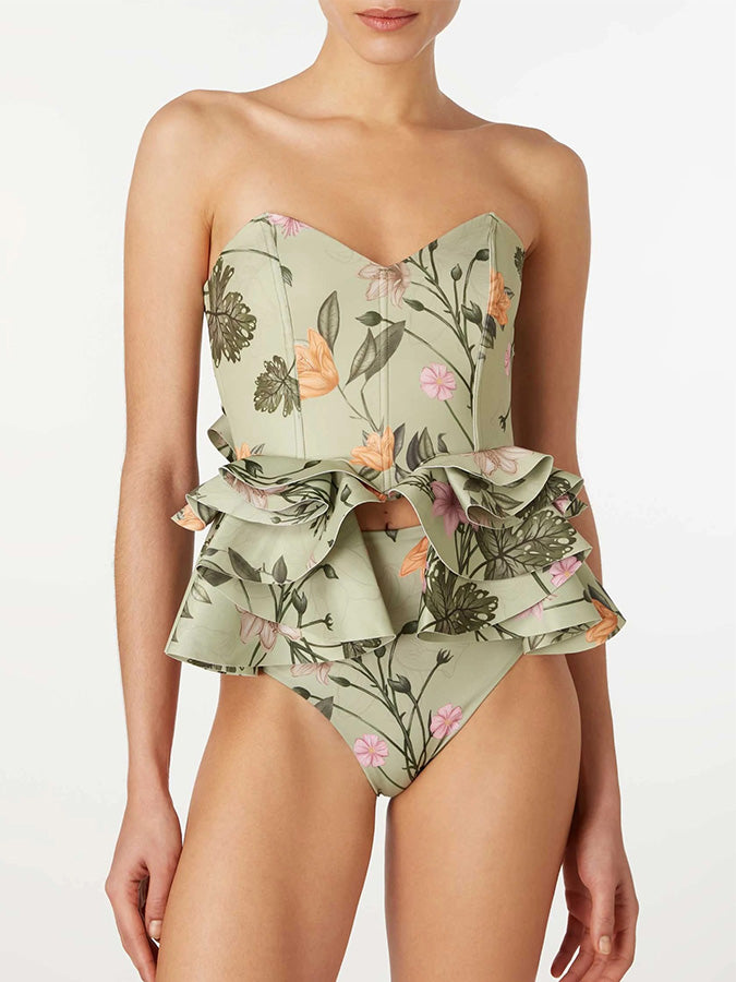 Ruffled Floral Print Split Swimsuit