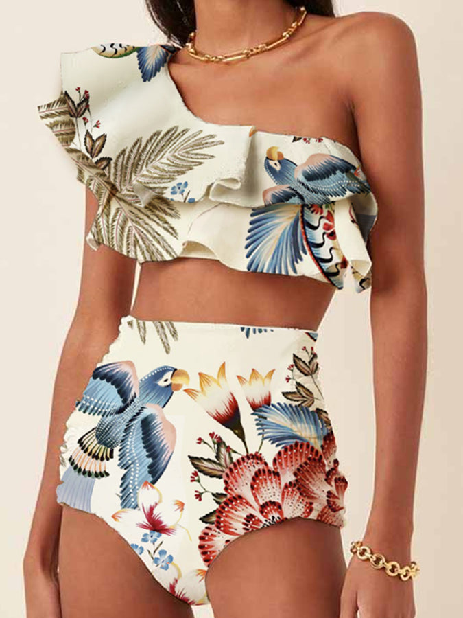 Vintage One-Shoulder Bird Flower Print Ruffled Bikini Set