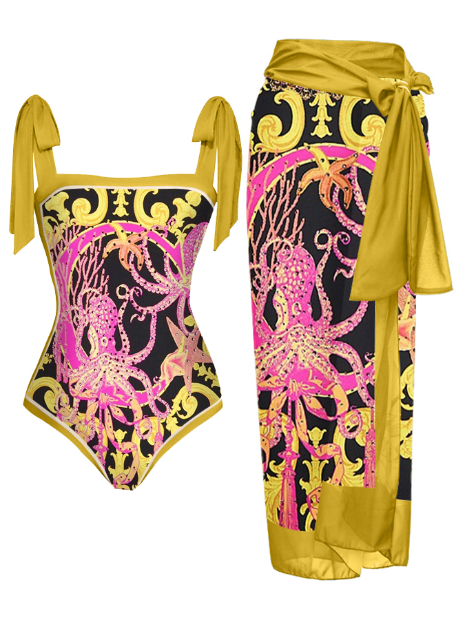 Fashion Print Lace Up One Piece Swimsuit