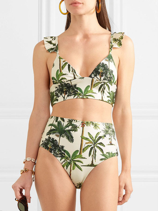 Vintage Print Ruffle Beach Swimsuit Set