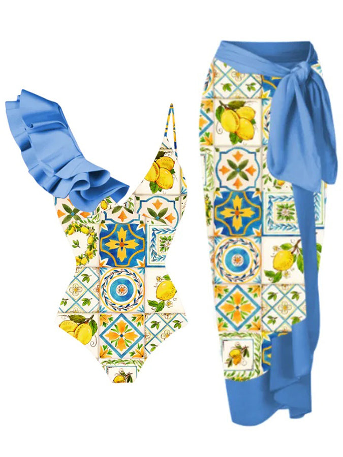 Vintage V-Neck Ruffle Colorblock Print One-Piece Swimsuit