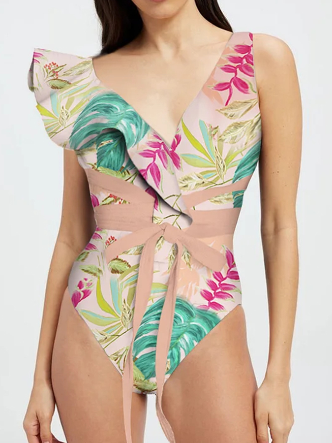 Botanical Print One Piece Swimsuits and Skirt