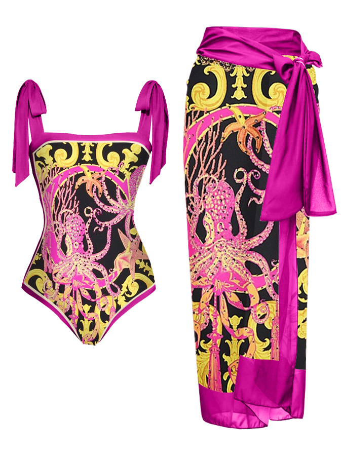 Fashion Print Lace Up One Piece Swimsuit