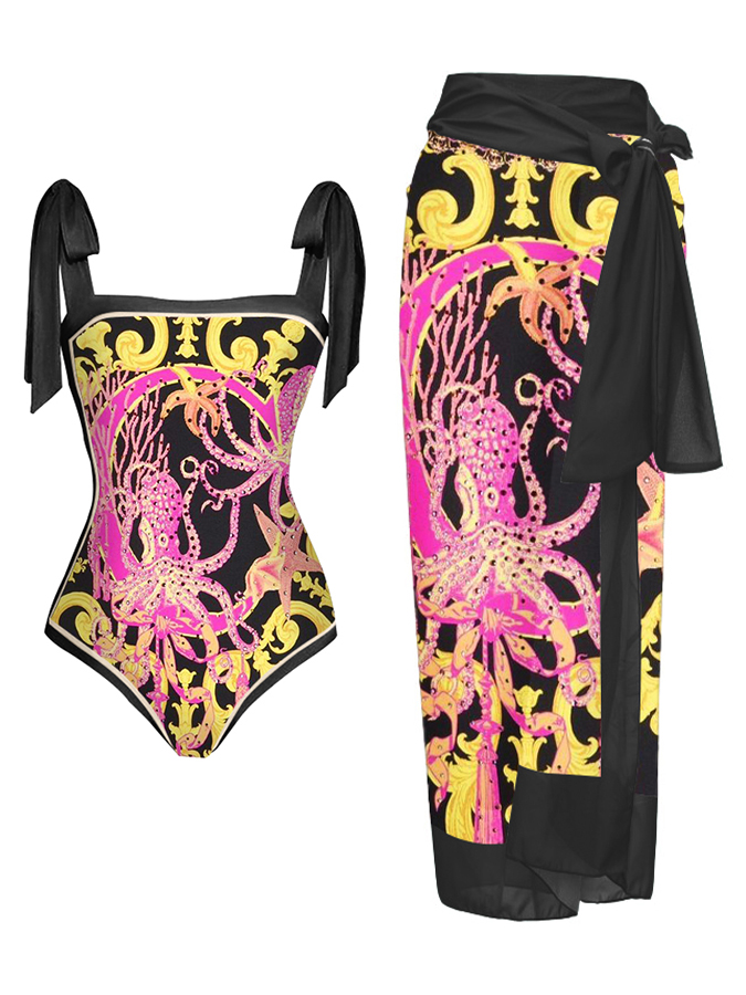 Fashion Print Lace Up One Piece Swimsuit
