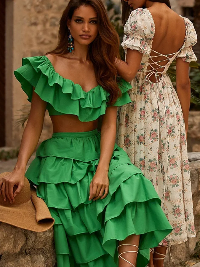 Off Shoulder Ruffle Solid Color Bikini and Beach Skirt