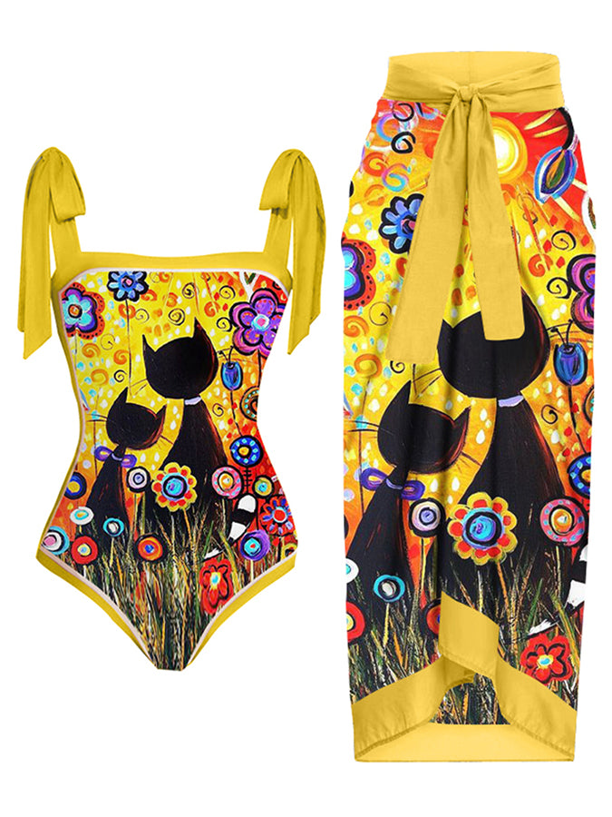Fashion Cat Print One Piece Swimsuit and Cover Up