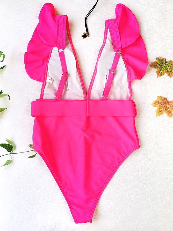 Solid Color Deep V-Neck Falbala Sexy Swimwear