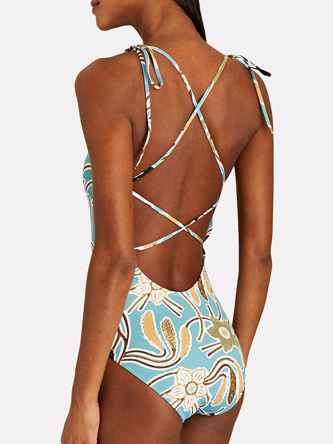 Trendy Blue Printed Swimsuit Set