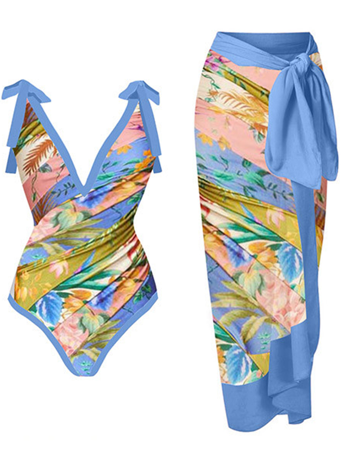 Deep V Vintage Print One Piece Swimsuit Set