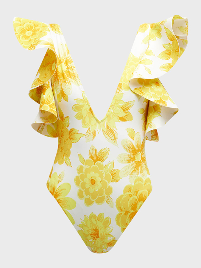 Deep V Ruffled Floral Print Swimsuit and Cover-up