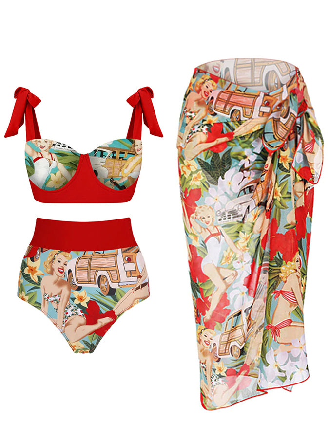 Fashion Colorblock Print One Piece Swimsuit and Cover Up