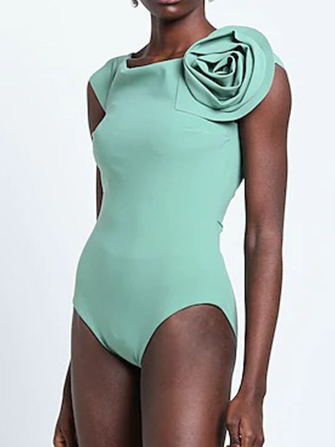 3D Flower Solid Color Open Back One Piece Swimsuit