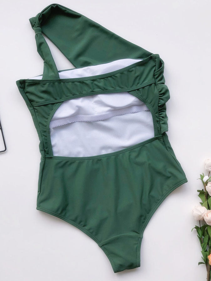 Solid One Shoulder One Piece Swimwears