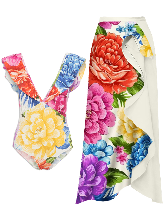 Ruffled Deep V Floral Print One-Piece Swimsuit and Skirt