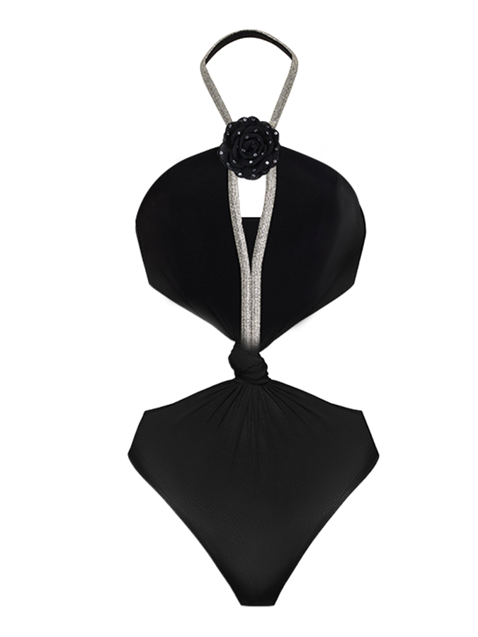 Halter Black One Piece Swimsuit and Skirt