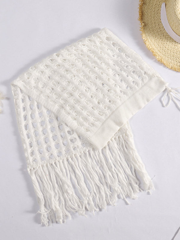 Knitted Hollow See-Through Split-Side Tasseled Cover-Up Swimwear