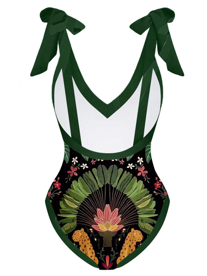 Vintage Print Deep V One Piece Swimsuit Set