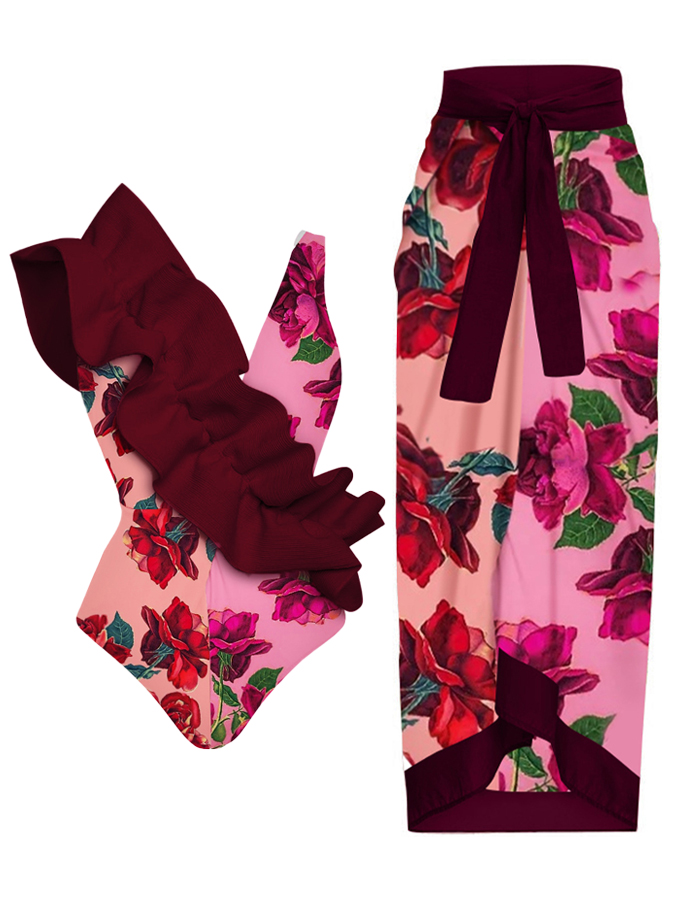 Ruffled Floral Colorblock Print One-Piece Swimsuit and Cover-up