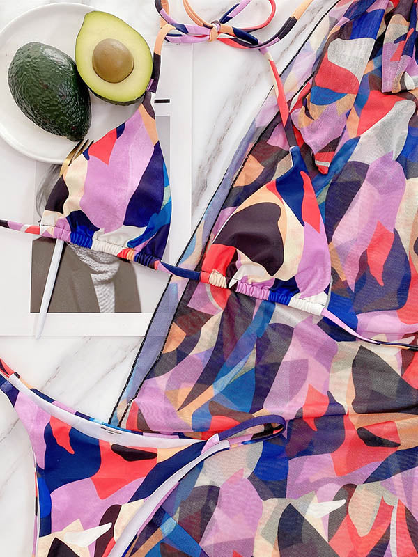 Halterneck Triangles Split Bikini  Three-Piece Set