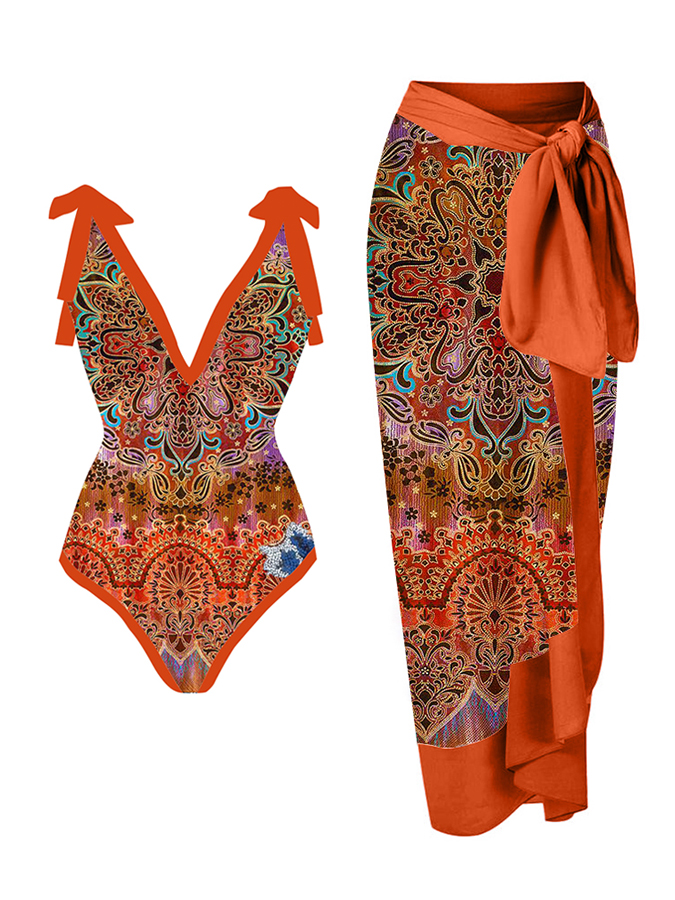 Vintage Print One Piece Swimsuit and Cover Up