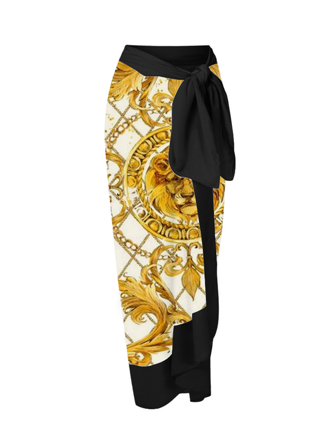 Gold Lion Pattern Print Reversible One Piece Swimsuit And Cover up