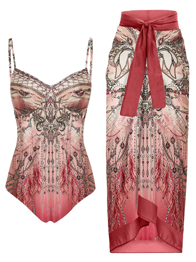 Gradient Vintage Print Swimsuit and Skirt