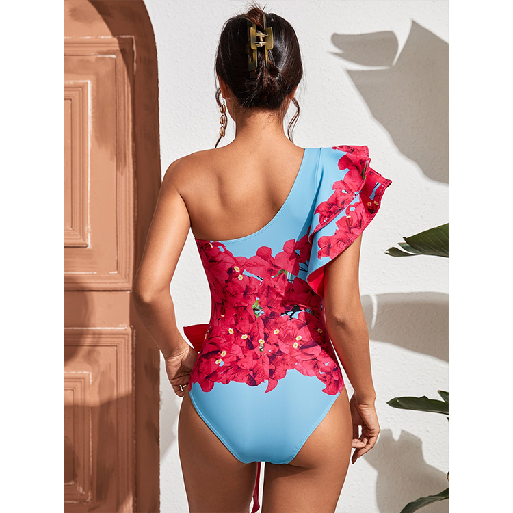 Fashion Floral Print Ruffle Colorblock One-Piece Swimsuit