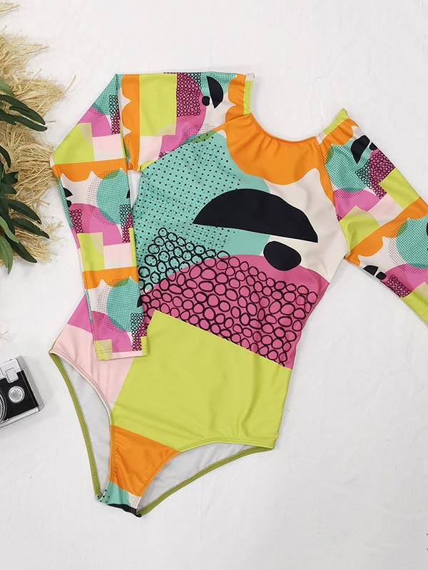 Abstract Print Long Sleeve Backless Wetsuit