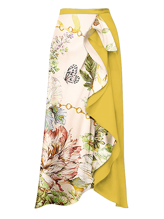 One Shoulder Floral Print One Piece Swimsuit and Skirt