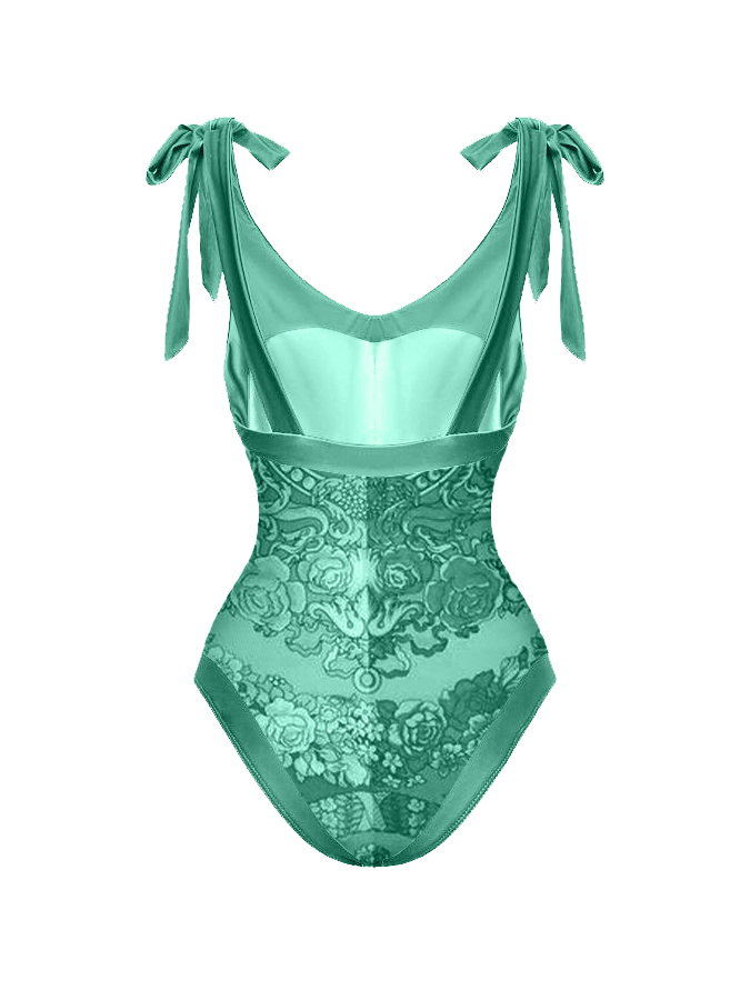 Panel Print Lace Up One Piece Swimsuit