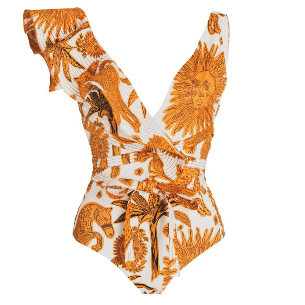 Ruffle V-Neck Belt Backless One Piece Swimwear