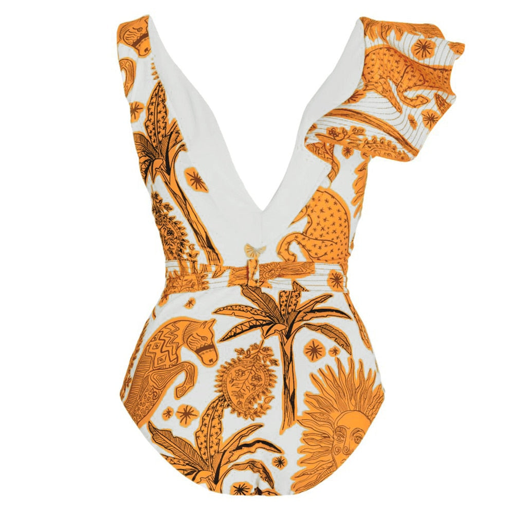 Ruffle V-Neck Belt Backless One Piece Swimwear