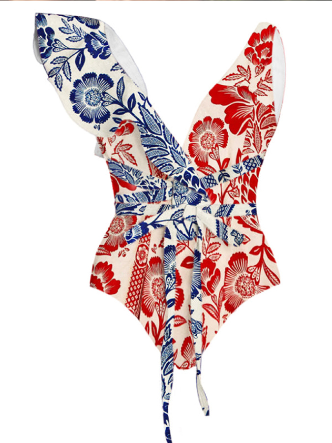 Ruffled Colorblock Print Swimsuit Set