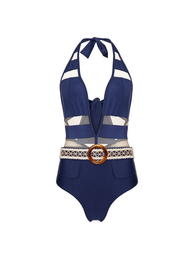 Halter Neck Tie Panel One Piece Swimsuit
