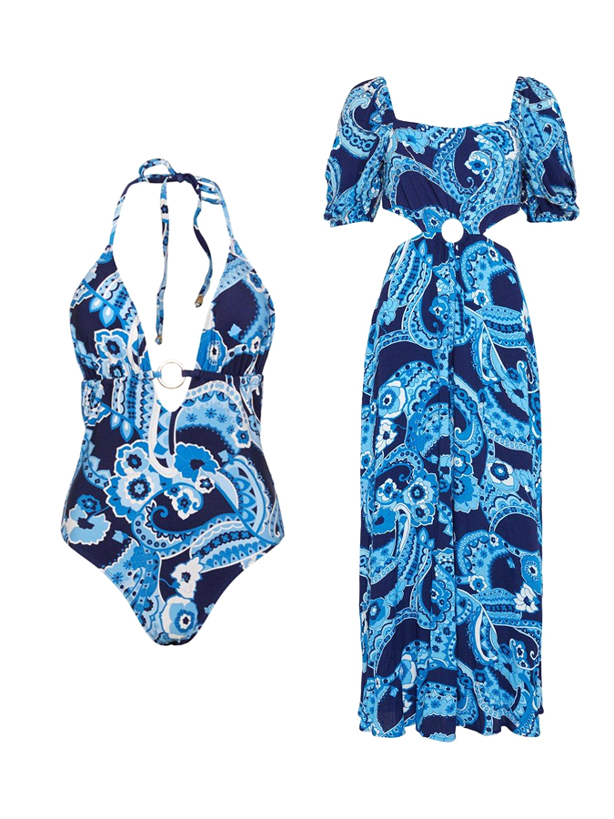 Vintage Folk Capital Geometric Floral Print One Piece Swimsuit And Beach Dress