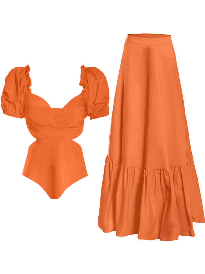 Beach Solid Puff Sleeve One-Piece Swimsuit and Skirt