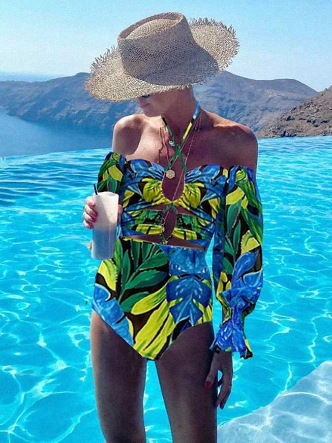 Halter Lace Up Printed One Piece Swimsuit And Beach Skirt