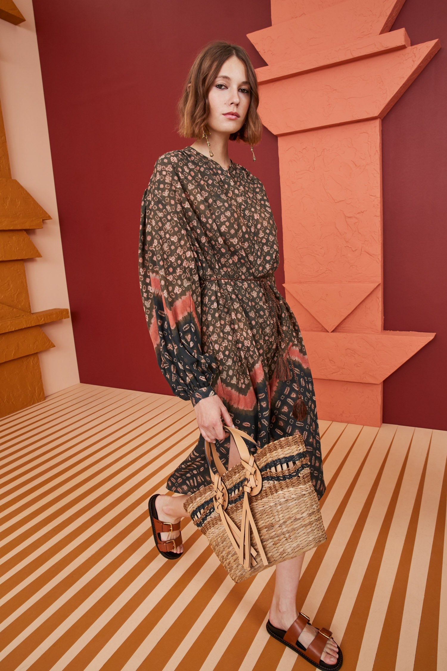 Chiffon Print One-Piece Swimsuit and Long Sleeve Dress