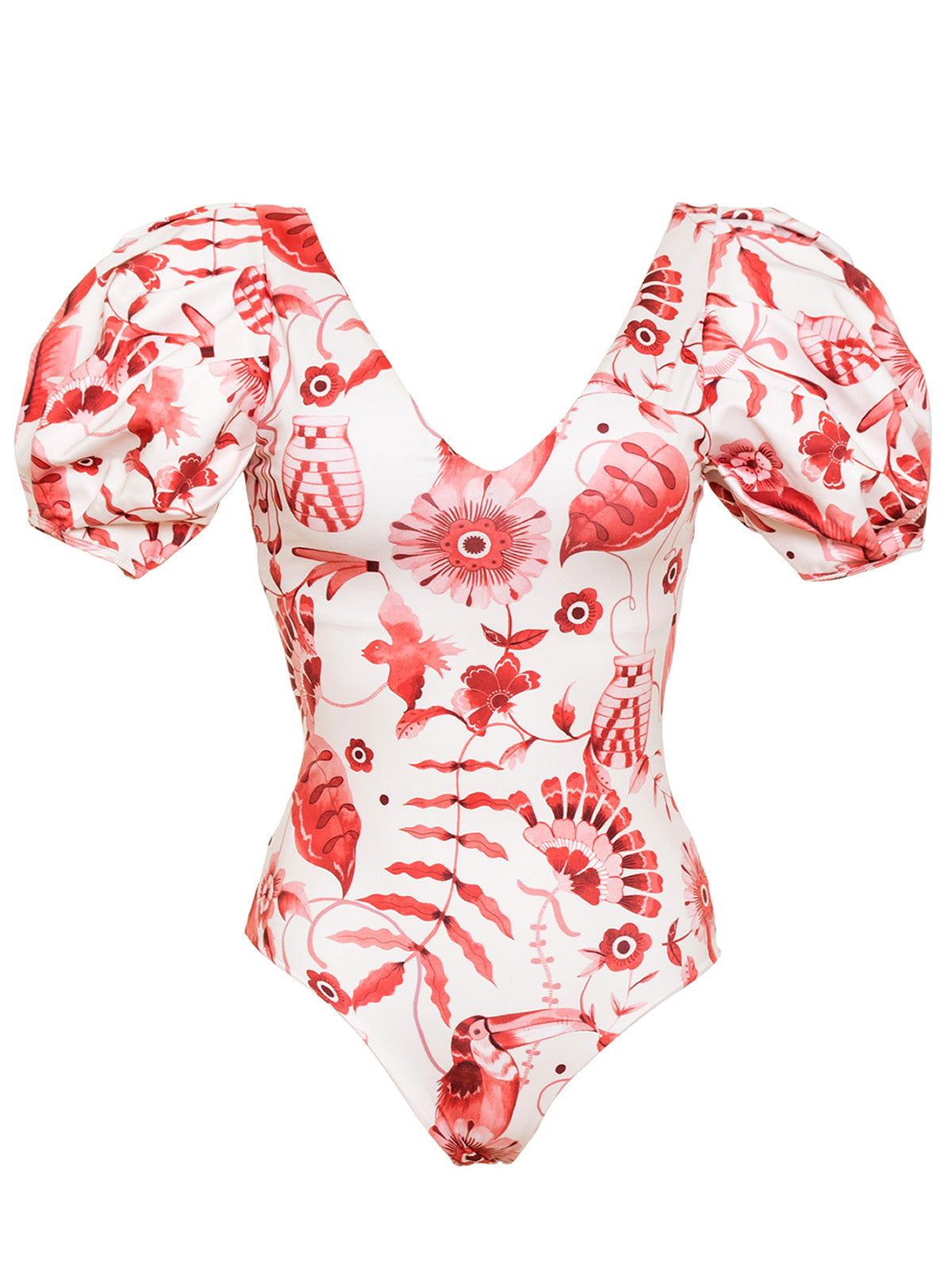 V Neck Puff Sleeves Printed One Piece Swimsuit