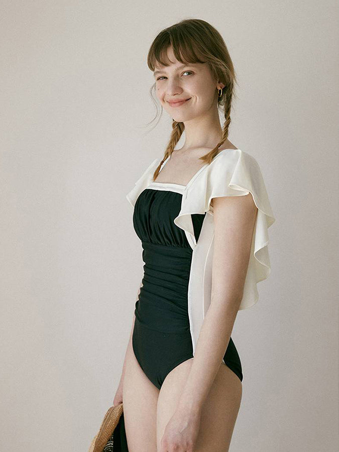 Pleated Panel One Piece Ruffled Swimsuit