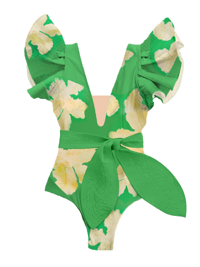 Ruffled Floral Colorblock Print Swimsuit and Cover-up