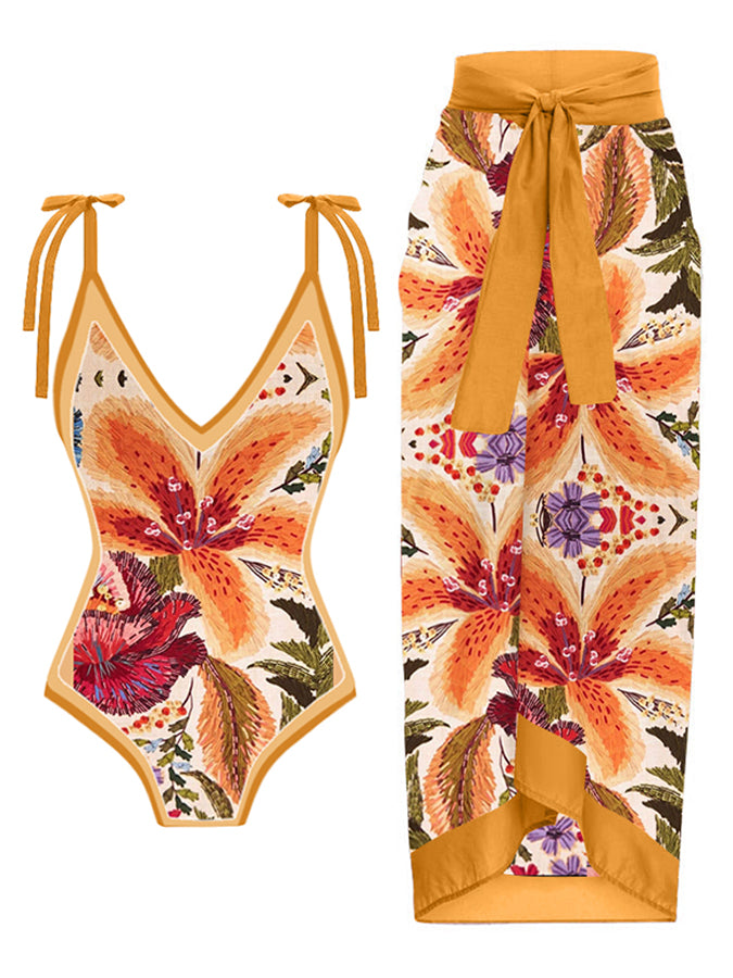 Vintage Colorblock Floral Print One-Piece Swimsuit Set