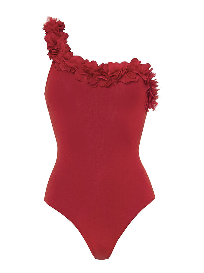 One-Shoulder Lace Trim Fashion One-Piece Swimsuit