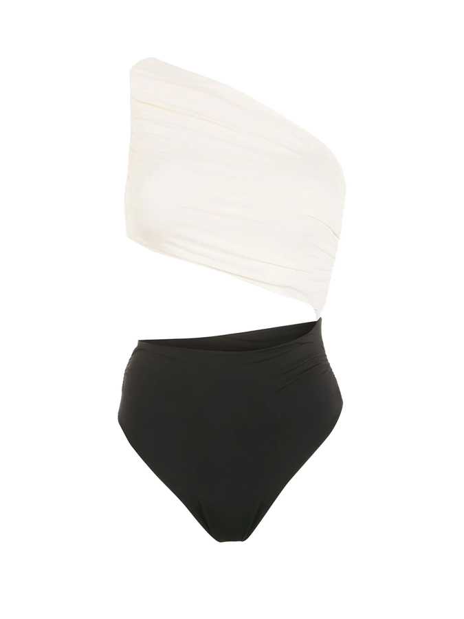 Black & White Color Block One Shoulder One-Piece Swimsuit And Cover Up