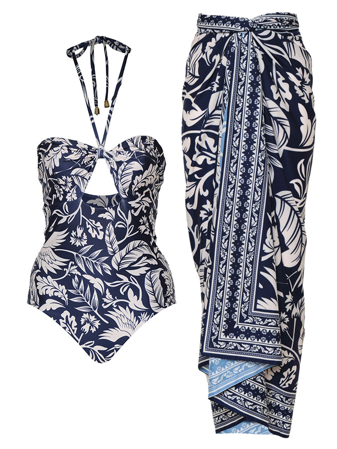 Print Halter Simple One Piece Swimsuit
