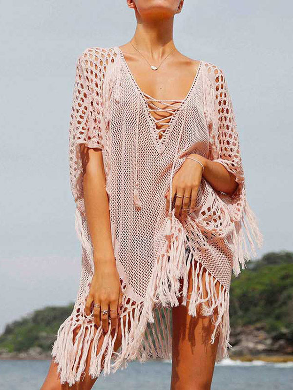 Crochet See-Through Half Sleeves Cover-Ups Tops