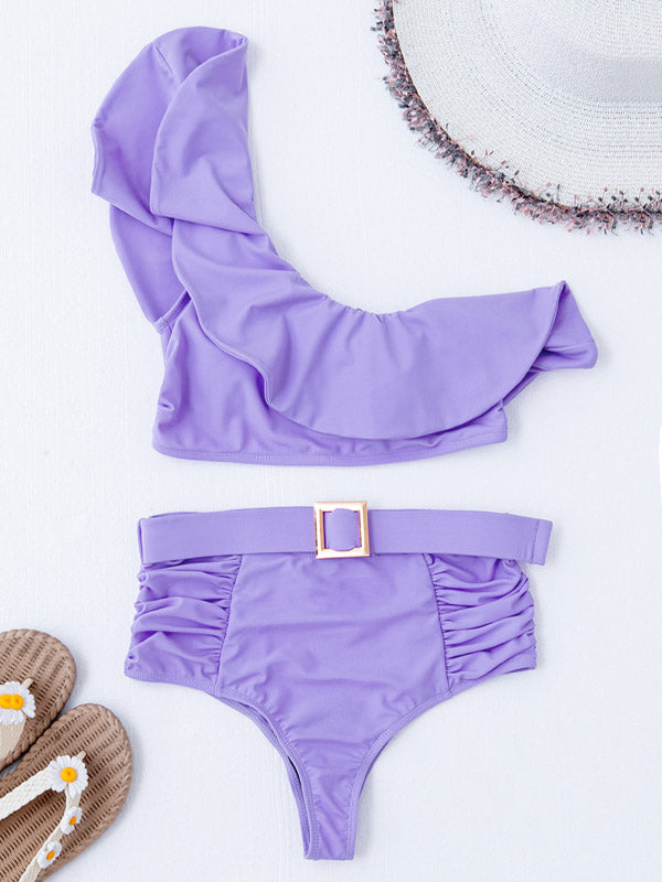 Solid Color One-Shoulder Falbala High-Waisted Bikini