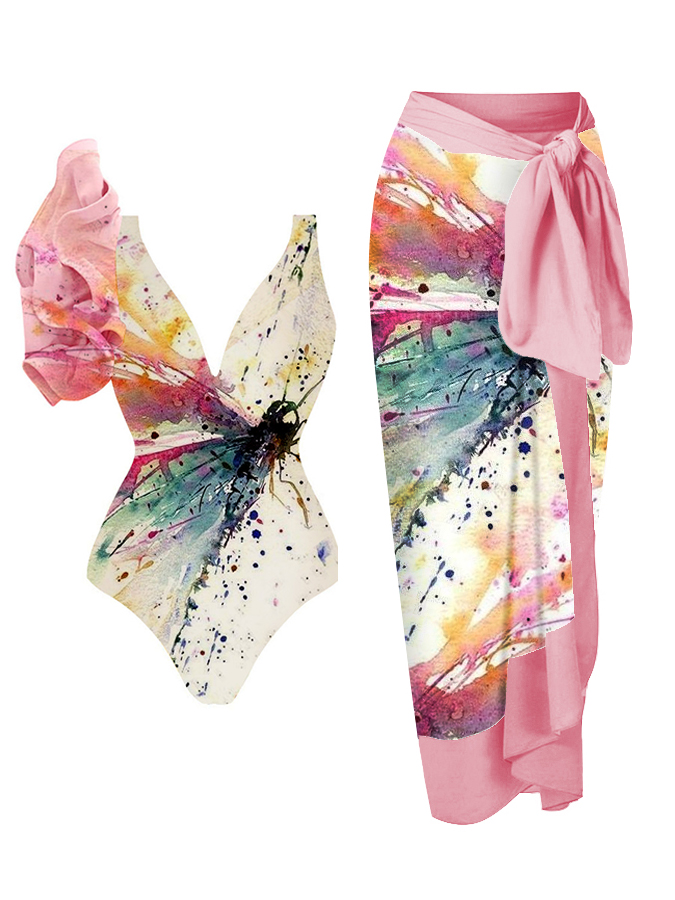 Watercolor Dragonfly Print One SHoulder Ruffle One-Piece Swimsuit And Cover up