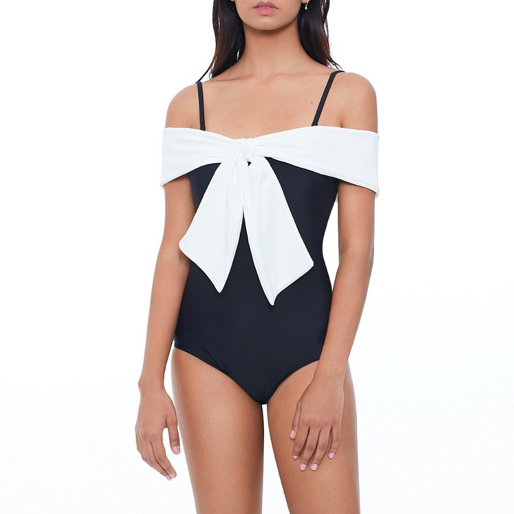Fashion Solid Color Bow One Piece Swimsuit