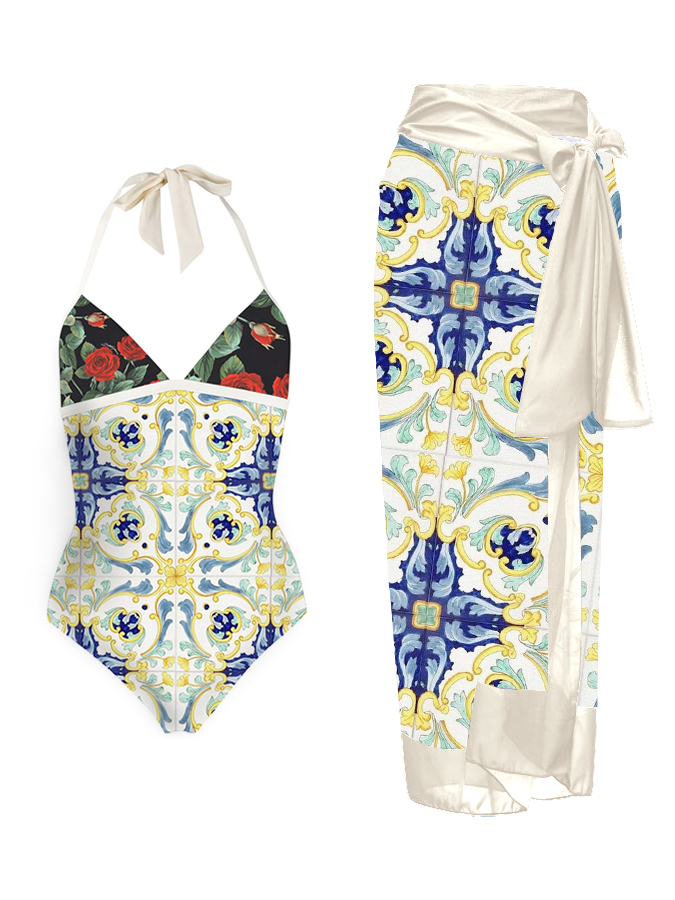 Vintage Floral Geometric Print One-Piece Swimsuit And Cover Up